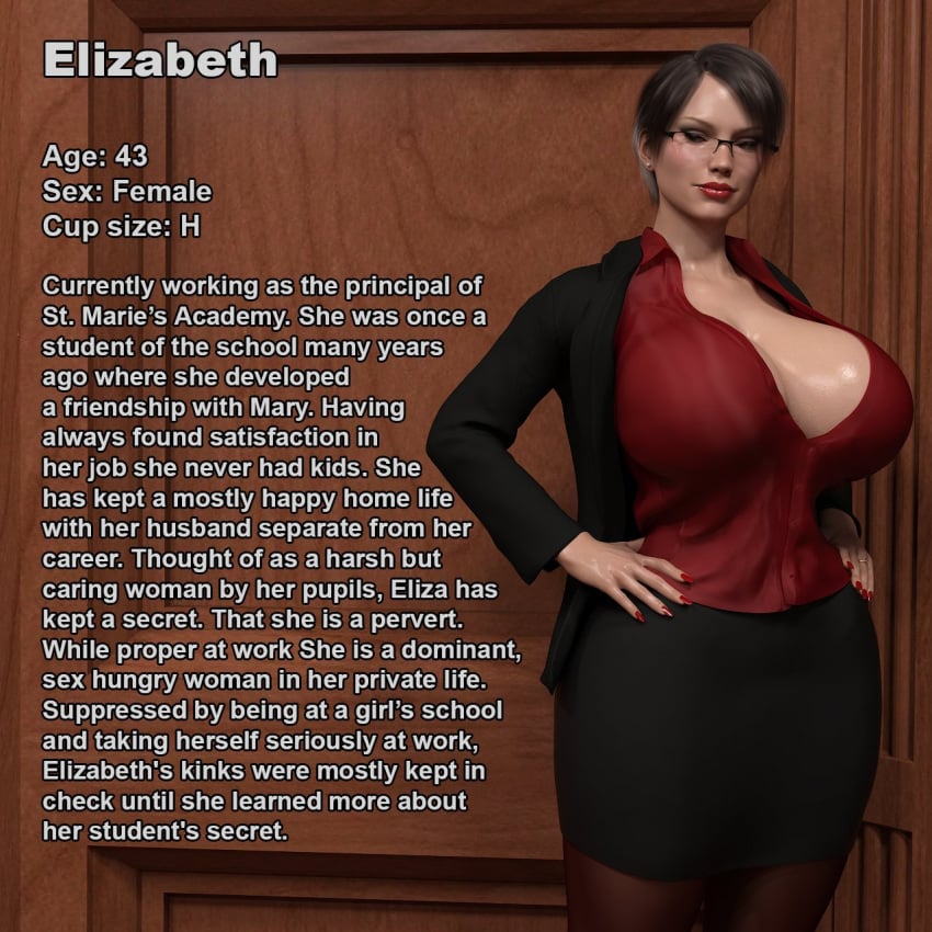 1girls 3d bangs biography black_hair black_jacket black_skirt breasts character_profile character_sheet cleavage collared_shirt dress_shirt earrings elizabeth_(serge3dx) english_text female female_only formal glasses hands_on_hips huge_breasts indoors jacket jewelry large_breasts lips lipstick looking_at_viewer makeup mature_female nail_polish open_clothes pantyhose parted_bangs pencil_skirt principal red_lips red_nails red_shirt serge3dx shirt short_hair skirt solo standing suit teacher