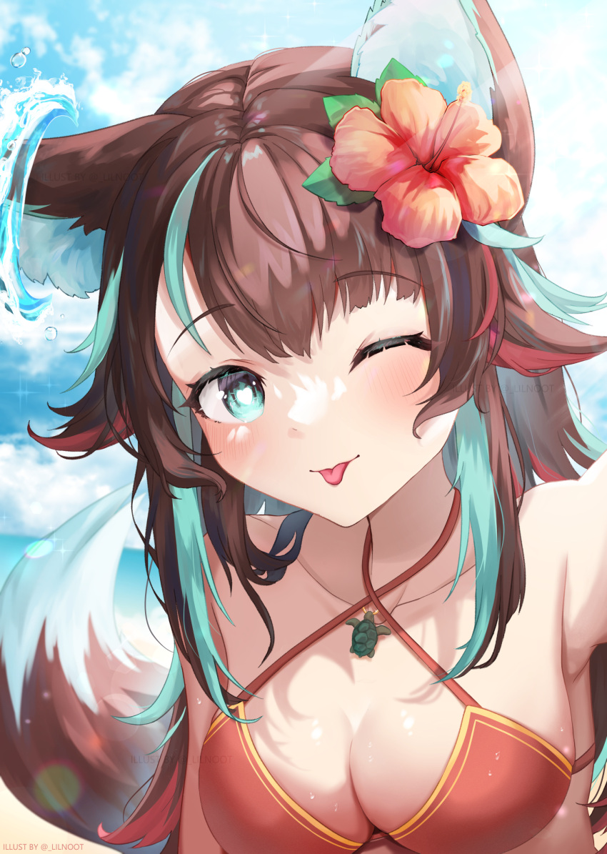 1girls animal_ears anime_nose artist_name big_breasts blue_eyes brown_hair female female_only fluffy_tail fox_ears fox_girl fox_tail humanoid indie_virtual_youtuber lilnoot no_visible_genitalia one_eye_closed shoyu_ami solo swimsuit tongue tongue_out virtual_youtuber