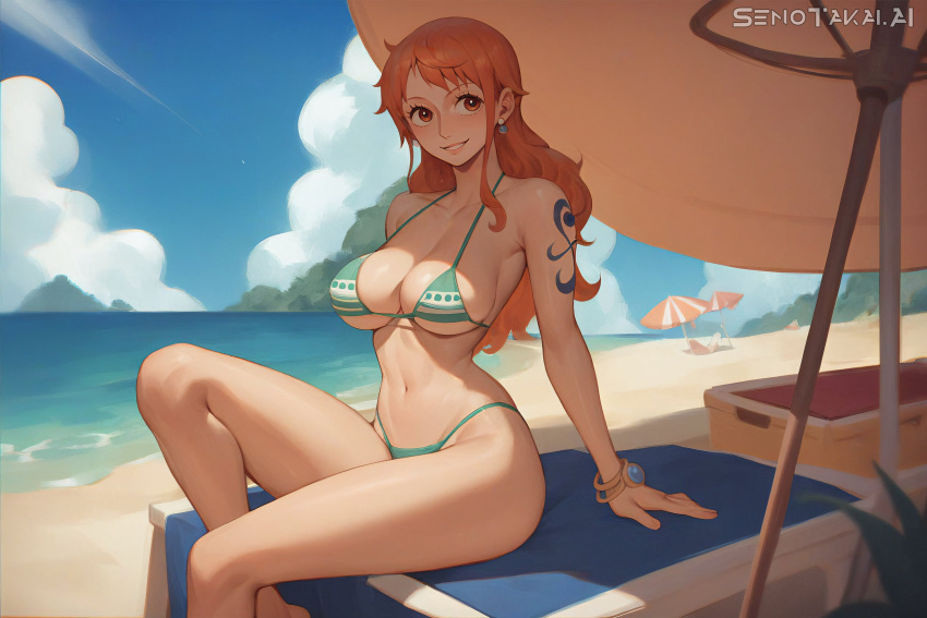 1girls ai_generated bare_arms bare_legs bare_shoulders bare_thighs beach big_breasts bikini bikini_bottom bikini_top blush color female female_focus female_only hi_res large_breasts light-skinned_female light_skin long_hair looking_at_viewer nami nami_(one_piece) one_piece orange_eyes orange_hair post-timeskip sand sea senotakai_ai shounen_jump sitting solo solo_female tagme tattoo thick_thighs water