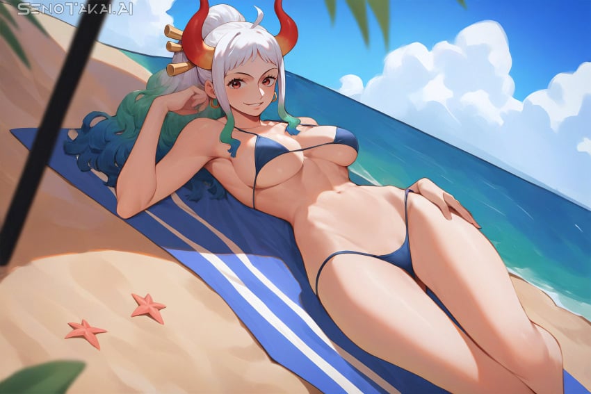 1girls ai_generated bare_arms bare_legs bare_shoulders bare_thighs beach big_breasts bikini bikini_bottom bikini_top blush color female female_focus female_only hi_res horns large_breasts light-skinned_female light_skin long_hair looking_at_viewer one_piece orange_eyes sand sea senotakai_ai shounen_jump sitting solo solo_female tagme thick_thighs water white_hair yamato_(one_piece)