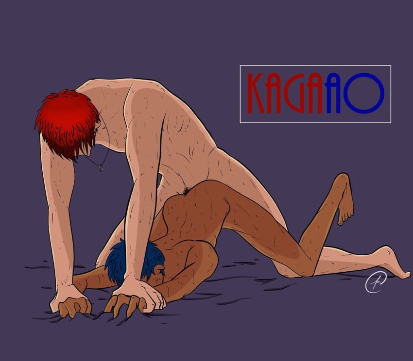 2boys anal aomine_daiki blue_hair daiki_aomine dark-skinned_femboy doggy_style domination from_behind_position gay gay_domination gay_sex kagami_taiga kuroko_no_basuke male male_only male_penetrated male_penetrating maledom malesub no_visible_genitalia nude_male on_all_fours red_hair skinny sweat taiga_kagami yaoi