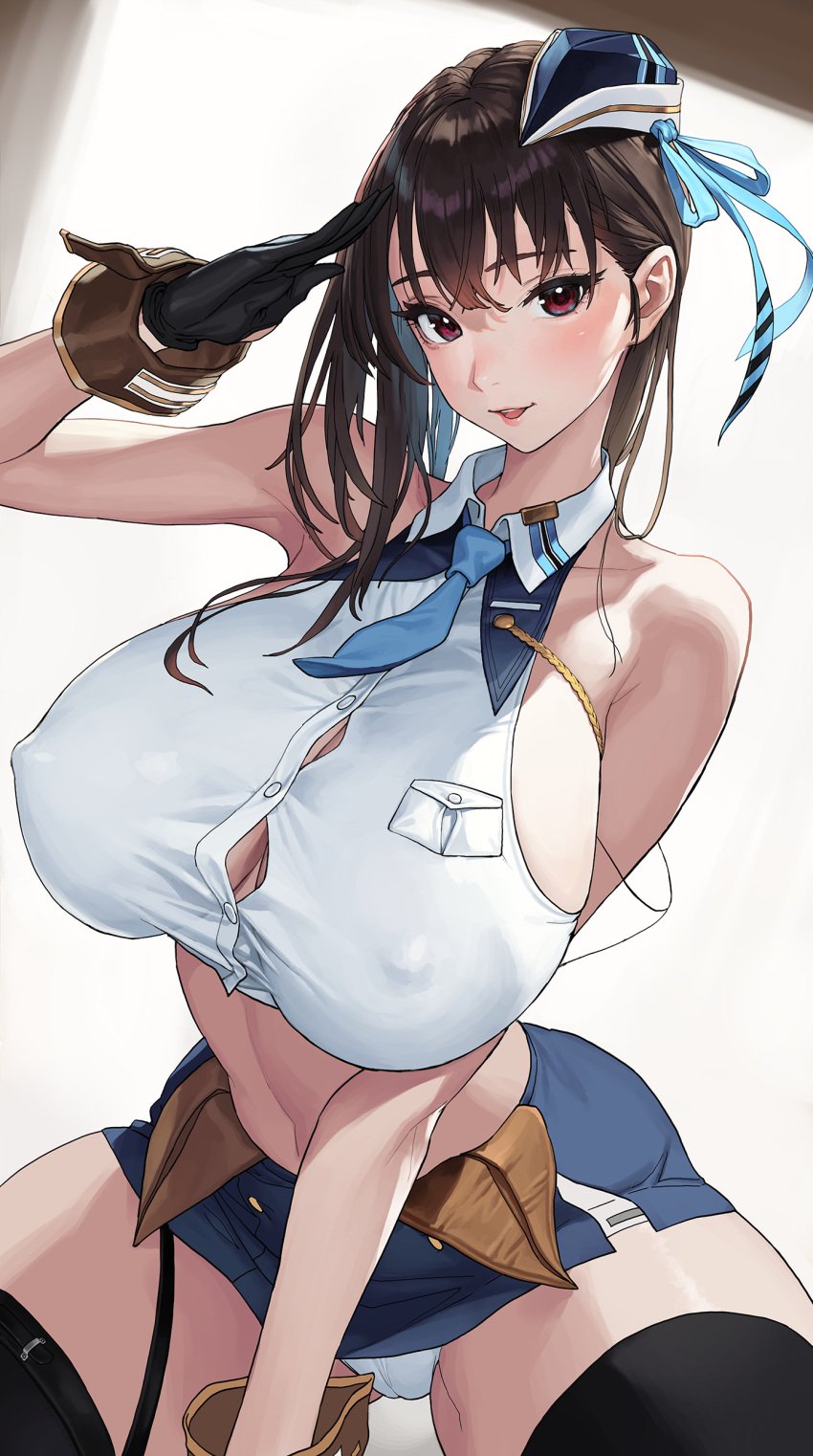 1girls artist_request asian_female big_breasts black_gloves blue_hat blue_ribbon blue_tie blush braless brown_hair clothed_female cyborg goddess_of_victory:_nikke happy huge_breasts large_breasts marian_(nikke) red_eyes robot_girl salute smile solo_female solo_focus white_blouse white_panties