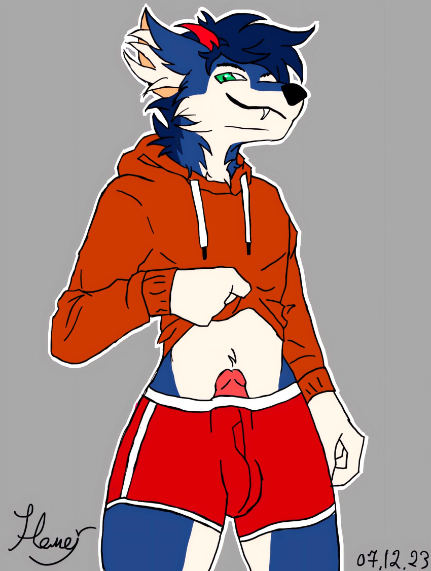 1boy anthro aroused balls_outline belly blue_body bulge canid canine canis clothing demonstrating erection fangs fluffy fox fur genital_outline genitals green_eyes hi_res hoodie horn humanoid humanoid_genitalia hybrid jaycemutt male male_only mammal nemejchyk orange_clothing orange_hoodie orange_topwear penis penis_outline pinup poking_out pose presenting red_clothing red_horn red_underwear solo solo_male teeth topwear underwear white_arms white_belly white_body white_fur wolf