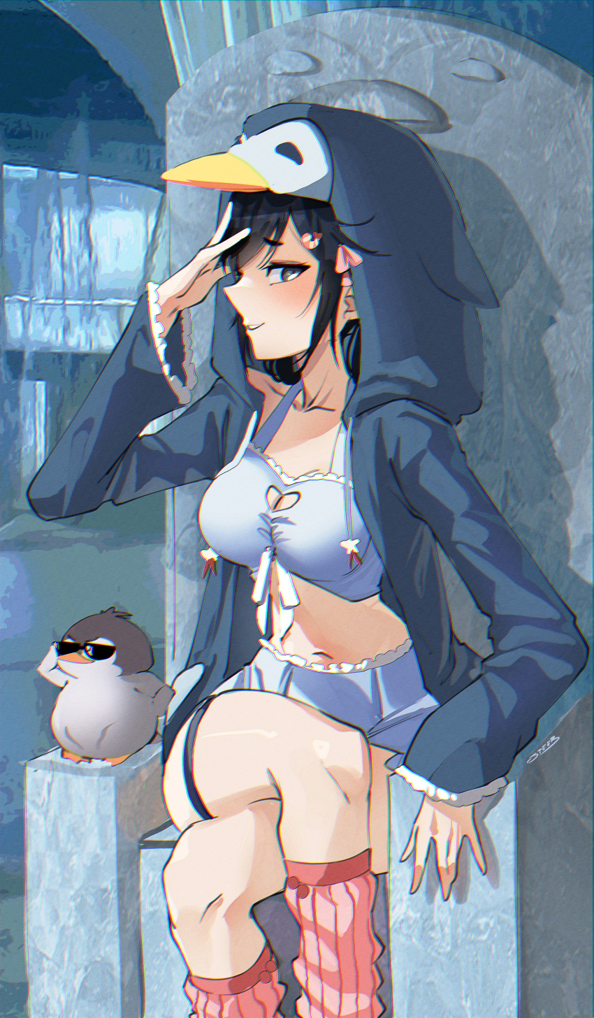 black_hair blue_eyes breasts female lilnoot_(vtuber) penguin_girl short_hair virtual_youtuber