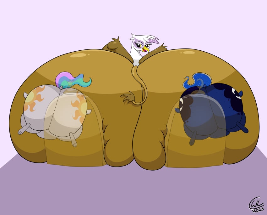 3girls ass avian beak big_ass blue_body blue_fur brown_body brown_fur colossal_ass cutie_mark enormous_ass equid equine feathers female female_only flattened_by_ass friendship_is_magic furry gigantic_ass gilda_(mlp) gryphon hasbro horse huge_ass hyper hyper_ass large_ass looking_back lukewarmluke massive_ass my_little_pony pony princess_celestia_(mlp) princess_luna_(mlp) tail white_body white_fur