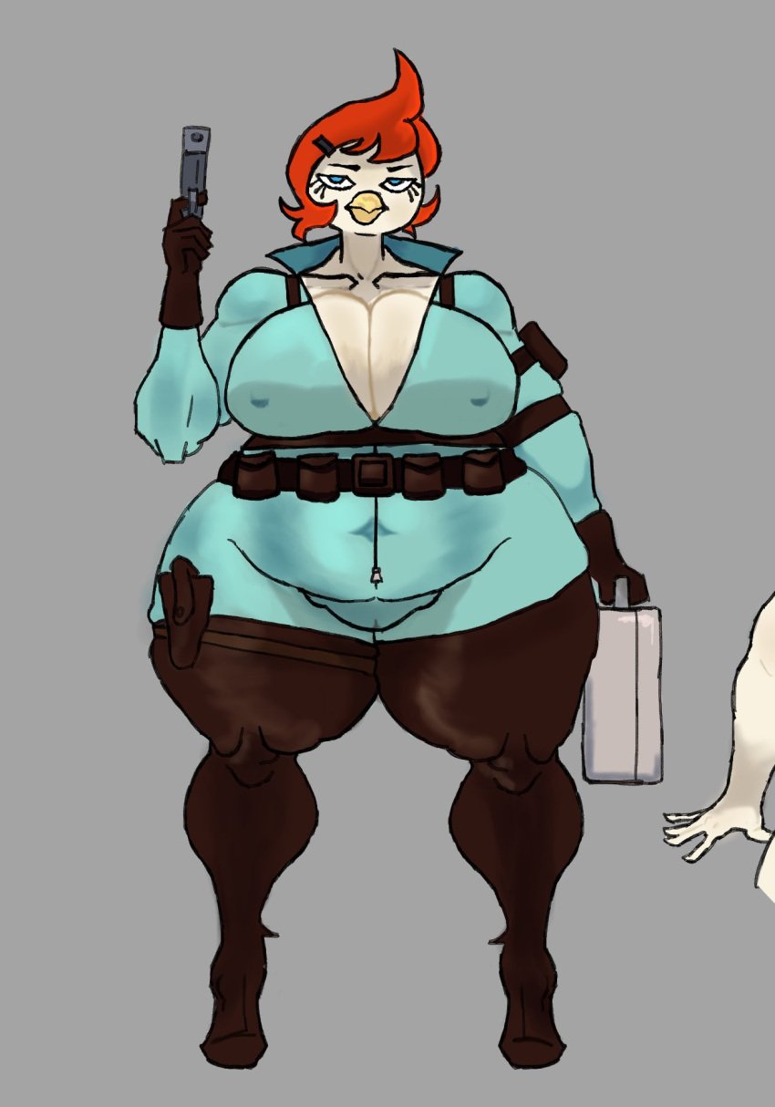 anthro big_ass chicken coekj furry gun huge_breasts red_hair skin_suit skin_tight spy sykotikfuckerr thick_ass thick_thighs