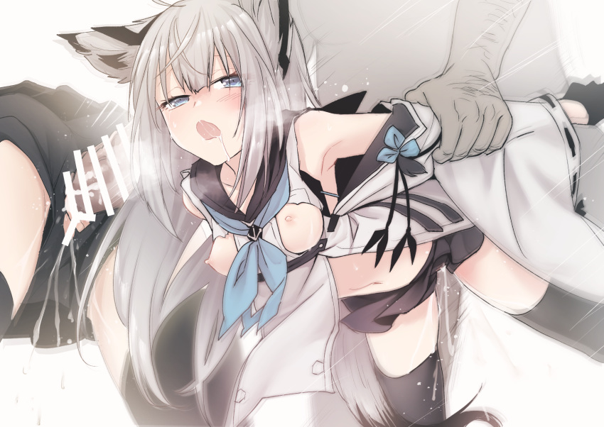 1boy 1girls animal_ear_fluff animal_ears azur_lane black_gloves black_sailor_collar black_skirt blue_eyes blue_neckwear blush breasts censored cum cum_in_pussy eyebrows_visible_through_hair female fox_ears fox_girl fox_tail gloves hair_between_eyes half_gloves highres holding kawakaze_(azur_lane) kemonomimi kitsune light-skinned_female light_skin long_hair long_sleeves looking_at_viewer male_silhouette microskirt neckerchief nipples noko_(noko12yayoi) open_mouth penis pussy sailor_collar sakura_empire_(azur_lane) saliva saliva_trail sex silhouette silver_hair skirt small_breasts solo_focus straight thighhighs vaginal_penetration very_long_hair white_background white_hair wide_sleeves