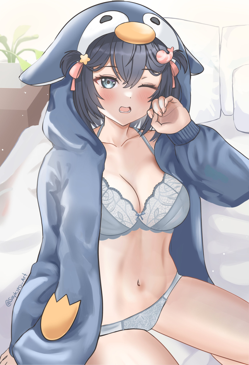 black_hair blue_eyes breasts female lilnoot_(vtuber) penguin_girl short_hair virtual_youtuber