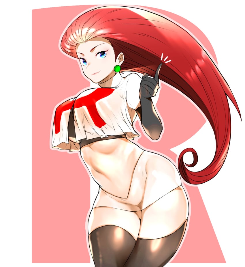 abs alternate_breast_size belly big_breasts breasts eye_contact female female_only human jessie_(pokemon) long_hair looking_at_viewer mature_female midriff navel nintendo ojigimn pointing pokemon pokemon_rgby ponytail pose red_hair solo thick_thighs wide_hips