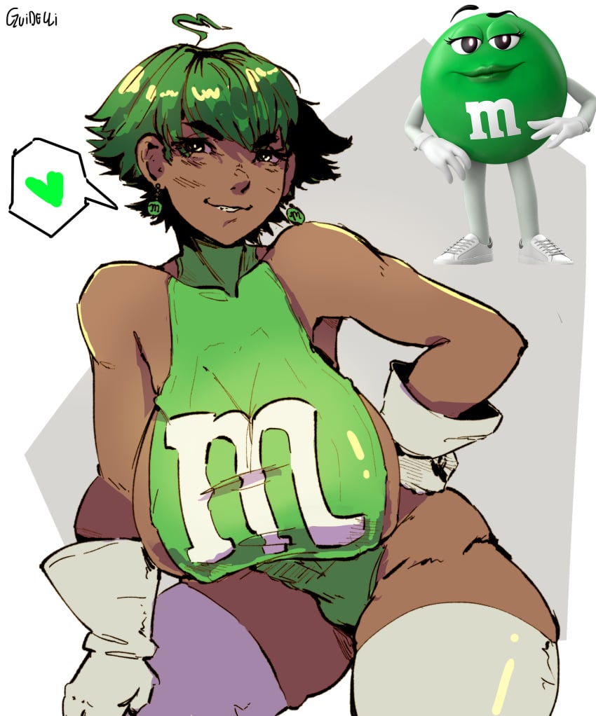 brown_body brown_skin clothed clothed_female earrings green_hair guidelli_art heart humanized m&m's m_and_m's mars_incorporated ms._green