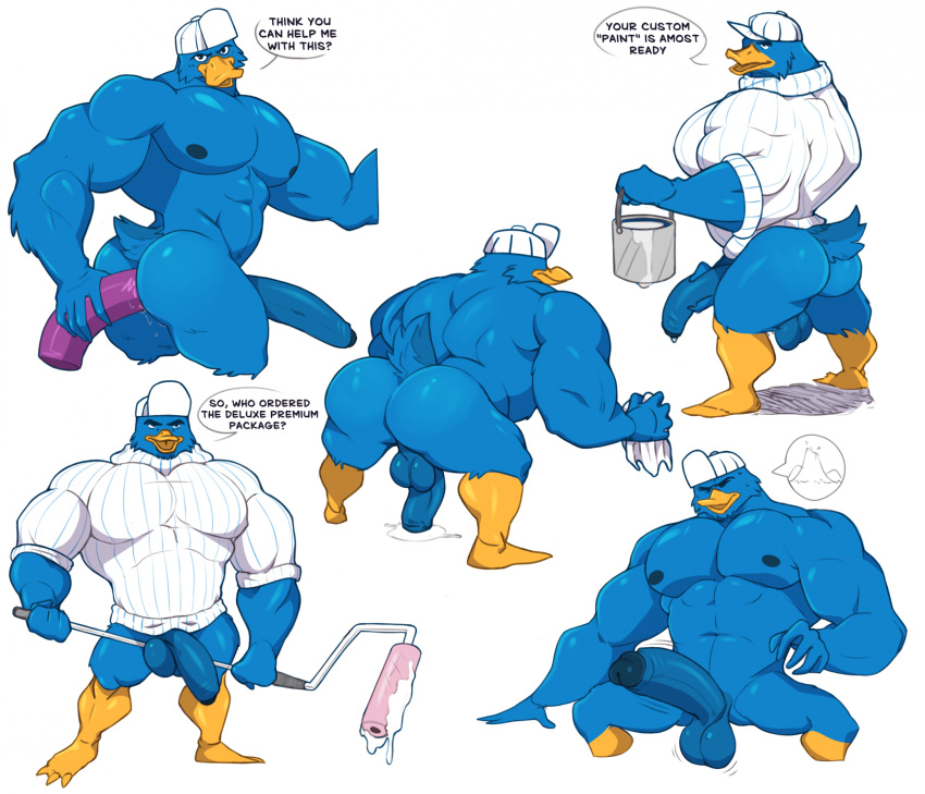 anal anal_masturbation anal_sex anatid anseriform anthro ass avian balls beak big_muscles big_pecs big_penis bird blue_body blue_feathers bottomless bubble_butt clothed clothing dialogue dildo dildo_in_ass dildo_insertion duck erection feathers genitals hi_res huge_cock huge_pecs humanoid_genitalia humanoid_penis looking_at_viewer male mascot masturbation midnightsultry muscular muscular_anthro muscular_male object_in_ass paint paint_roller pecs penetration penis sex_toy sex_toy_in_ass sex_toy_insertion shirt solo top_heavy topwear toying_self