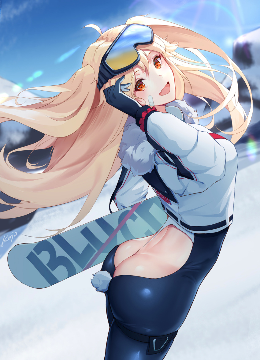 1girls ass ass_cutout ass_focus azur_lane bandaid bandaid_on_cheek big_ass big_butt blücher_(azur_lane) blonde_hair bodysuit bodysuit_under_clothes breasts brown_eyes bunny_tail fake_tail female gloves goggles goggles_on_head happy jacket kojo_(0124) large_ass looking_at_viewer medium_breasts nice_ass official_alternate_costume open-mouth_smile open_mouth outdoors shiny_hair shiny_skin skimpy skimpy_clothes skin_tight snow snowboard solo tail thigh_strap tight_clothing twintails