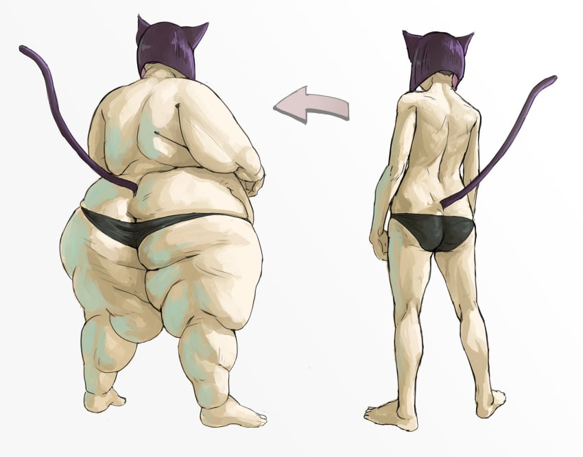 arm_fat ass back_fat back_rolls bbw before_and_after black_hair cat_ears cat_tail catgirl cellulite female fit_to_fat huge_ass outgrowing_clothes presiart solo_female weight_gain