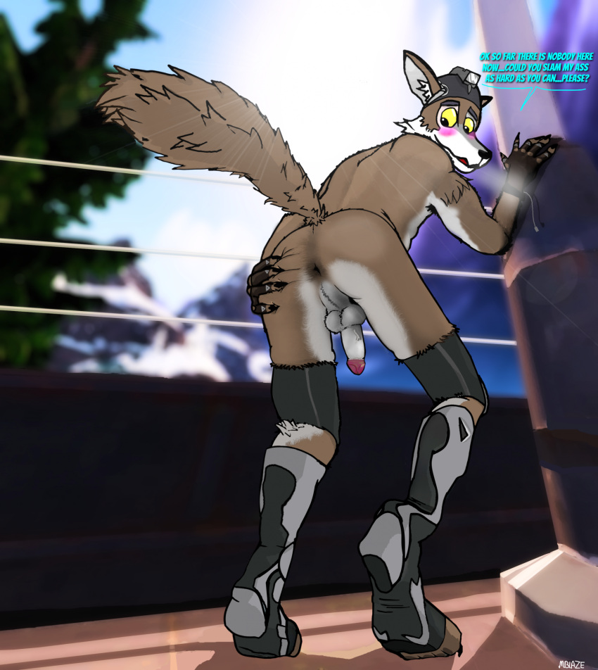 anthro anus aroused ass balls blush canid canine canis claws embarrassed epic_games fortnite genitals half_naked hi_res humanoid_genitalia humanoid_penis looking_back male mammal mblaze penis scenic_view shy solo speech_bubble spread_butt spreading suggestive wendell_(fortnite) wolf