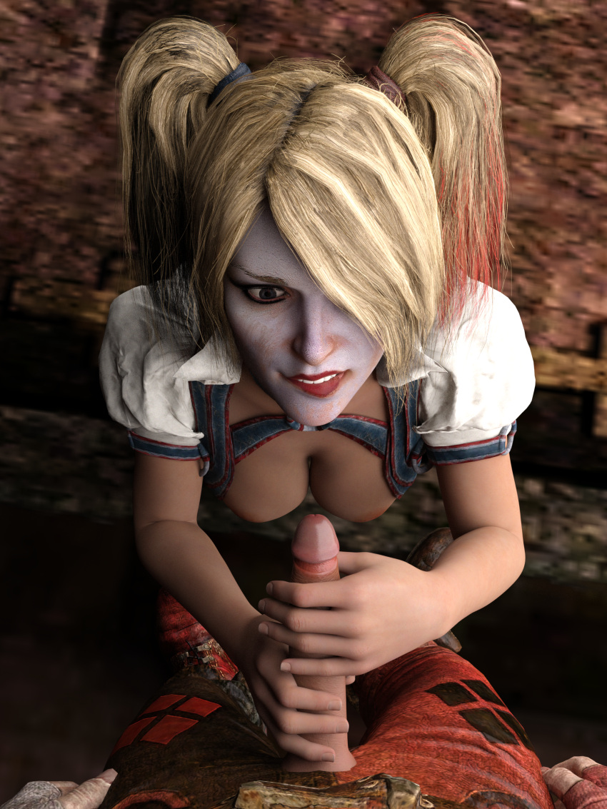 3d batman:_arkham_knight batman_(series) blonde_hair dc dc_comics down_blouse handjob harley's_thug harley_quinn harley_quinn_(arkham) harley_quinn_(arkham_knight) hellfern