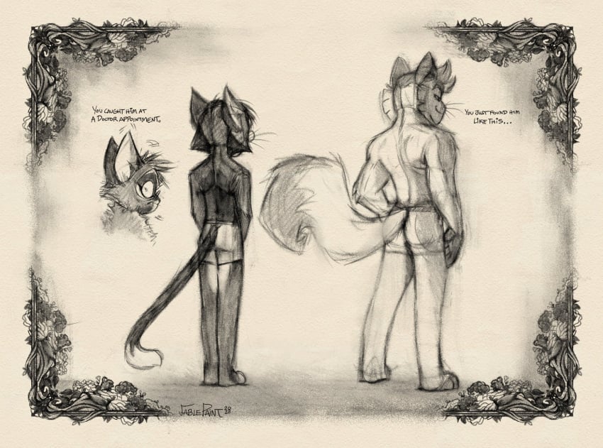 2boys anthro back black_fur boxers butt clothed clothing decoration domestic_cat duo english_text fablepaint felid feline felis fluffy fluffy_tail glasses greyscale hi_res lackadaisy male male_only mammal mordecai_heller muscular_male nicodeme_savoy official_art paws sketch smile smirk surprised_face tagme tail text tight_clothing topless underwear underwear_only webcomic