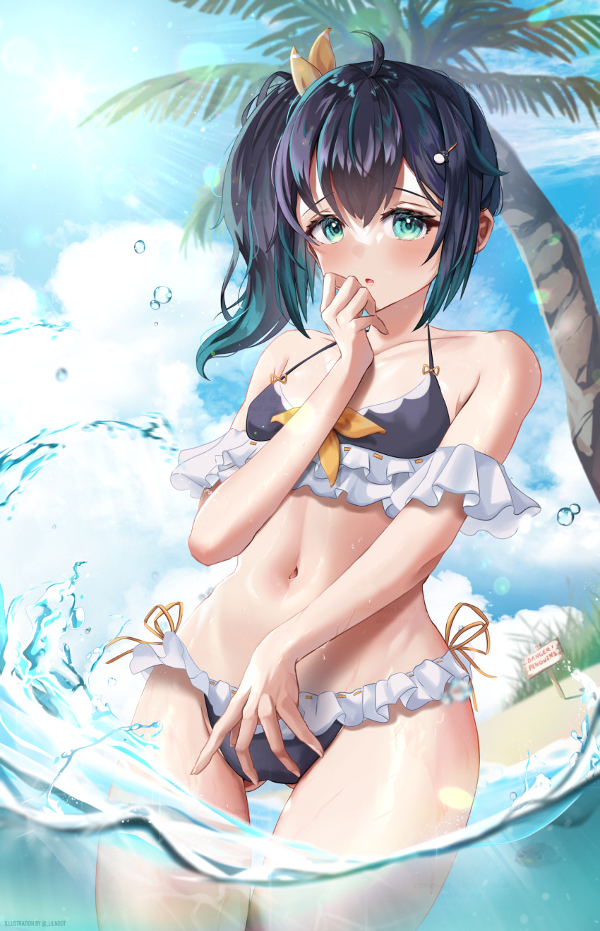 beach belly_button black_hair female female_only green_eyes in_water lilnoot penguin_meeps sea seaside small_breasts