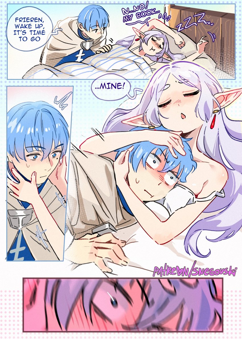 1boy 1boy1girl 1girls bare_shoulders blush cute doujinshi elf elf_ears elf_girl embarrassed embrace female frieren himmel_(sousou_no_frieren) hug hugging long_hair lying lying_on_back lying_on_bed male male_human/female_elf manga_page petite petite_body petite_female sleeping sleeveless_shirt snegovski sousou_no_frieren white_hair wholesome