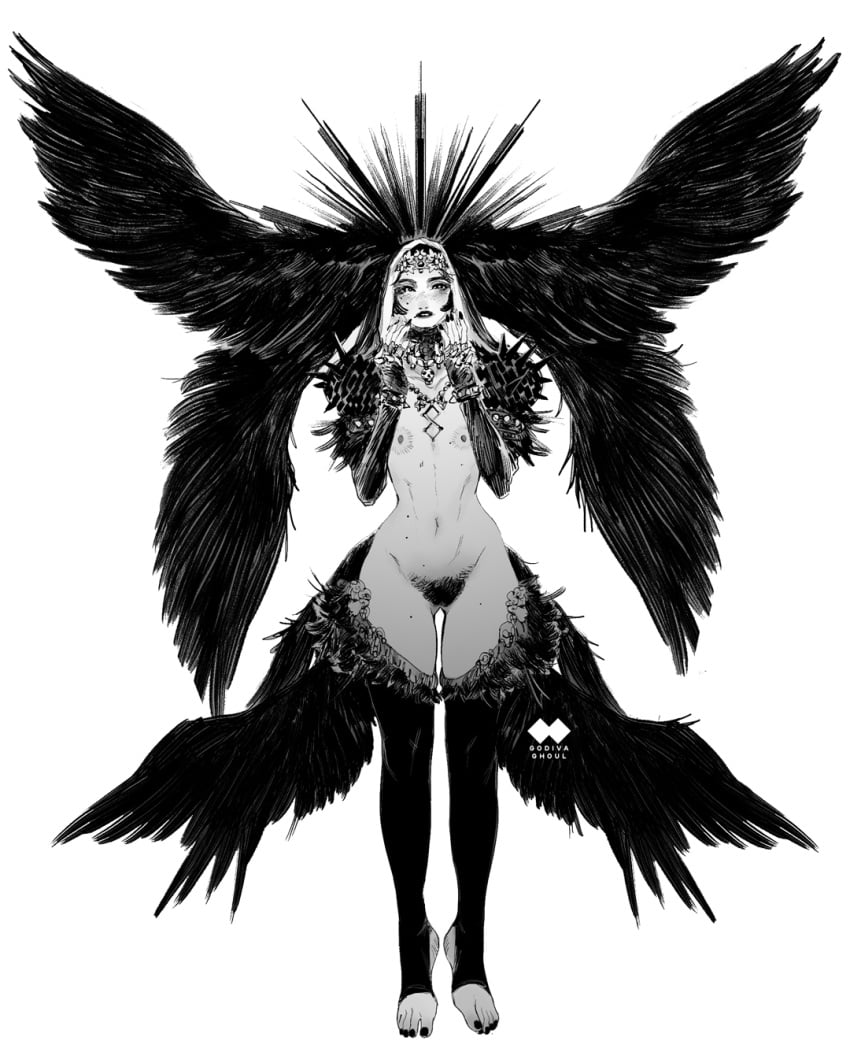 artist_logo artist_name black_eyes black_hair black_lips black_nails black_thighhighs black_wings blush breasts chest_tattoo circlet closed_mouth coif excessive_pubic_hair feathered_wings feet female fingerless_gloves fingernails flat_chest flipped_hair floating full_body gloves godiva_ghoul greyscale hand_on_own_cheek hand_on_own_face hands_up head_wings highres hip_dips jewelry juliet_sleeves large_areolae linea_alba lips long_sleeves mole mole_under_eye monochrome multi_wing multiple_moles nail_polish narrow_waist navel necklace nipples nostrils original parted_lips plantar_flexion pubic_hair puffy_sleeves sharp_fingernails shrug_(clothing) simple_background solo spiked_sleeves stirrup_legwear stomach straight-on tattoo teeth thigh_gap thighhighs thighs toeless_legwear toenail_polish toenails toes white_background wings