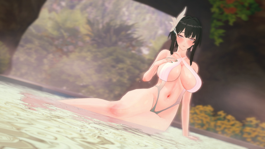 1girls a1stroemeria aether_gazer black_hair blush blush_lines blushing_at_viewer female female_focus female_only hand_on_breast huge_breasts light-skinned_female light_skin long_hair looking_at_viewer silver_eyes swimsuit swimwear tagme thick_ass thick_thighs water wide_hips ying_zhao_(aether_gazer)