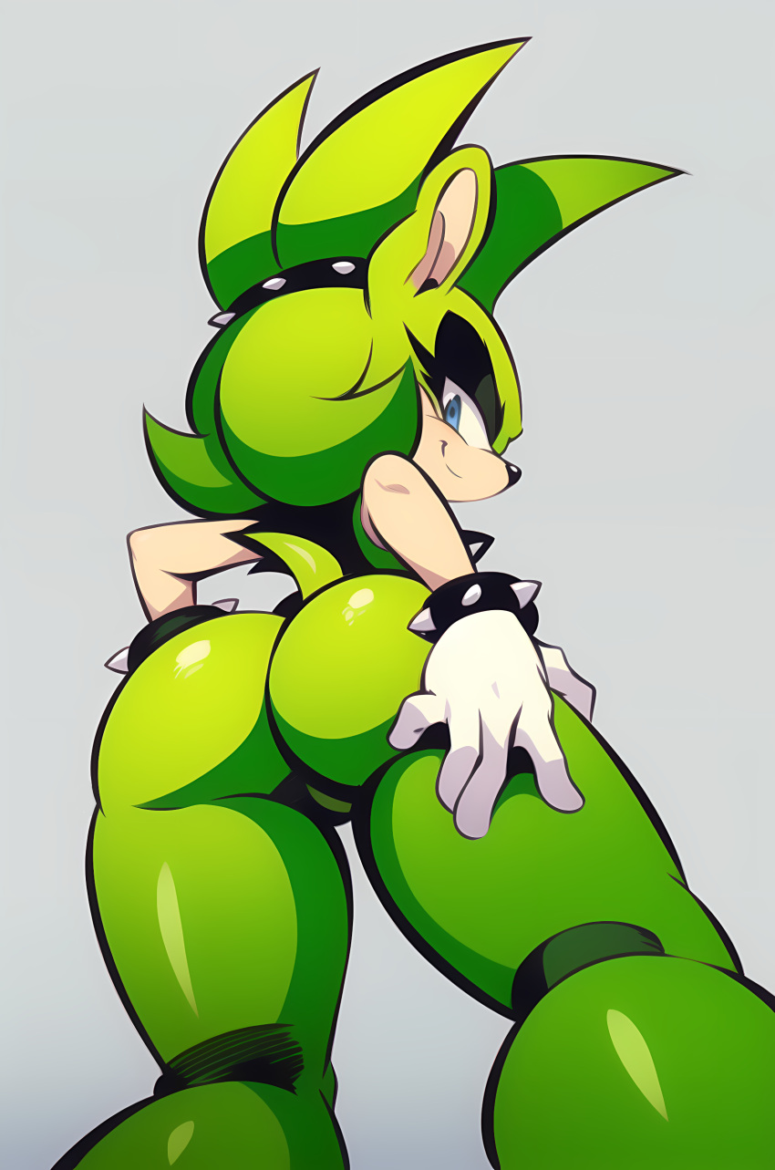 ai_generated anthro ass blue_eyes from_behind furry green_body green_fur green_hair hand_on_butt looking_at_viewer looking_back looking_back_at_viewer low-angle_view presenting_hindquarters sonic_(series) sonic_the_hedgehog_(series) spiked_bracelet surge_the_tenrec thighs virtuai white_gloves