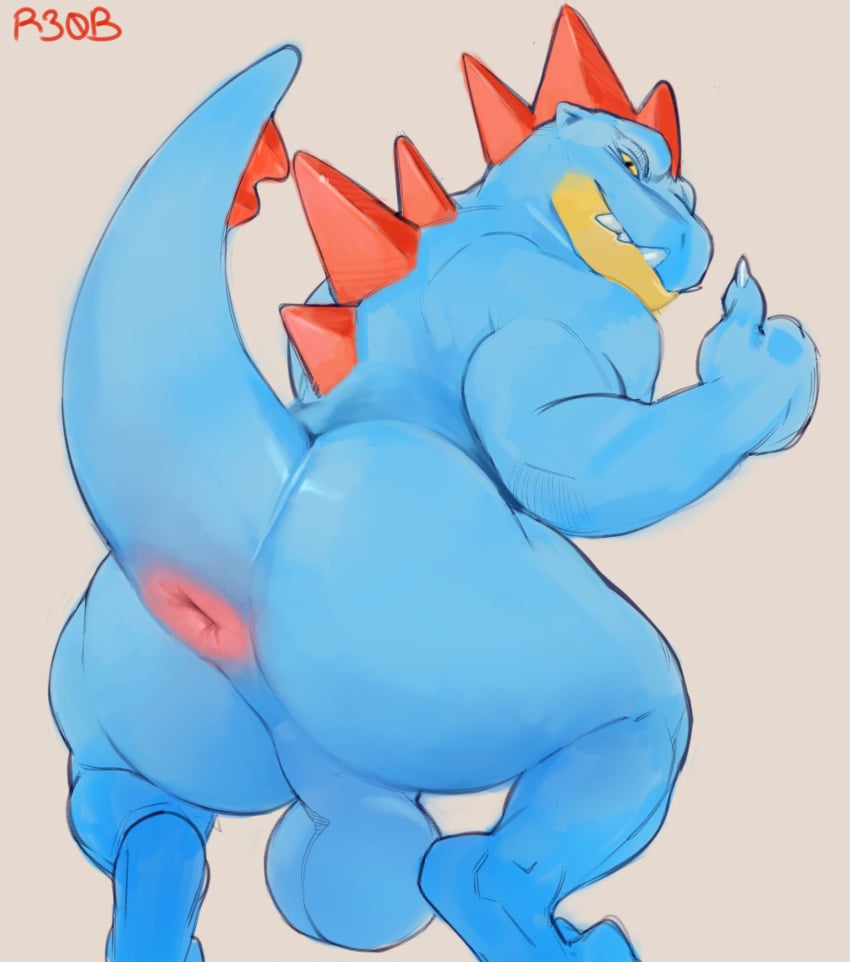 anthro anus ass backsack balls big_balls big_butt blue_body blue_scales crocodilian crouching dorsal_spikes feraligatr generation_2_pokemon genitals gesture hi_res looking_at_viewer looking_back looking_back_at_viewer male male_only nintendo nude pokemon pokemon_(species) presenting presenting_hindquarters r30b0m0 raised_tail reptile scales scalie solo tail thick_thighs thumbs_up yellow_eyes