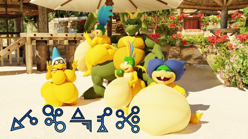 absurd_res anthro ass beach belly big_belly big_butt blue_hair body_hair bowser chest_hair clothing crown genitals green_body green_skin group hair hat headgear headwear hi_res kamek king_koopa koopa koopaling larry_koopa lemmy_koopa ludwig_von_koopa male male/male mario_(series) moobs nintendo overweight penis pubes public public_nudity scalie seaside super_mario_bros. the_super_mario_bros._super_show! yellow_body yellow_skin