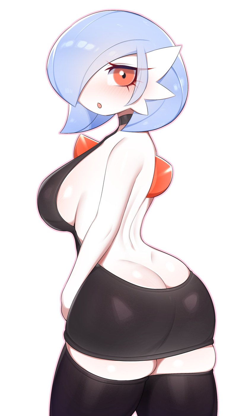 1girls 2023 absurd_res ass ass_cleavage blush dress female female_only galutine gardevoir generation_3_pokemon looking_at_viewer nintendo orange_eyes pokémon_(species) pokemon pokemon_(species) shiny_pokemon sideboob solo stockings thick_thighs