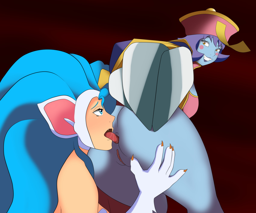 2girls anilingus anus ass ass_grab bat_wings bent_over blue_hair blue_skin blush bottomless butt cat_claws cat_ears catgirl clothing cristalmanor darkstalkers duo felicia felicia_(darkstalkers) female female_only grinning hand_on_ass hat hsien_ko jiangshi lei-lei lei_lei looking_back metal_claws multiple_girls nervous open_mouth oral pussy rimming small_breasts smile smiling squatting talisman tongue tongue_out yellow_eyes yuri