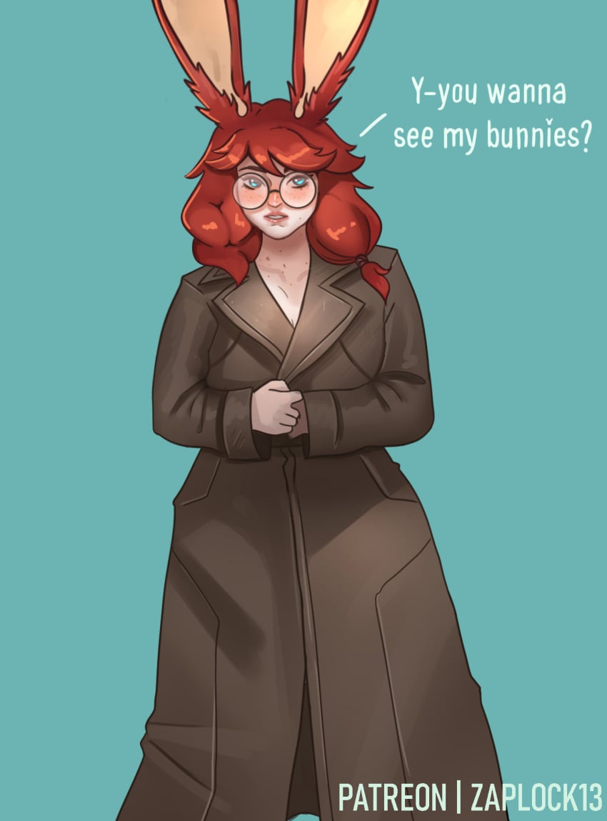 1girls alternate_version_available aurora_(league_of_legends) blue_eyes bunny_ears clothing exhibitionism exhibitionist female_only glasses league_of_legends looking_at_viewer nerdy_female public red_hair riot_games shy solo_focus spots tagme text trenchcoat zaplock13