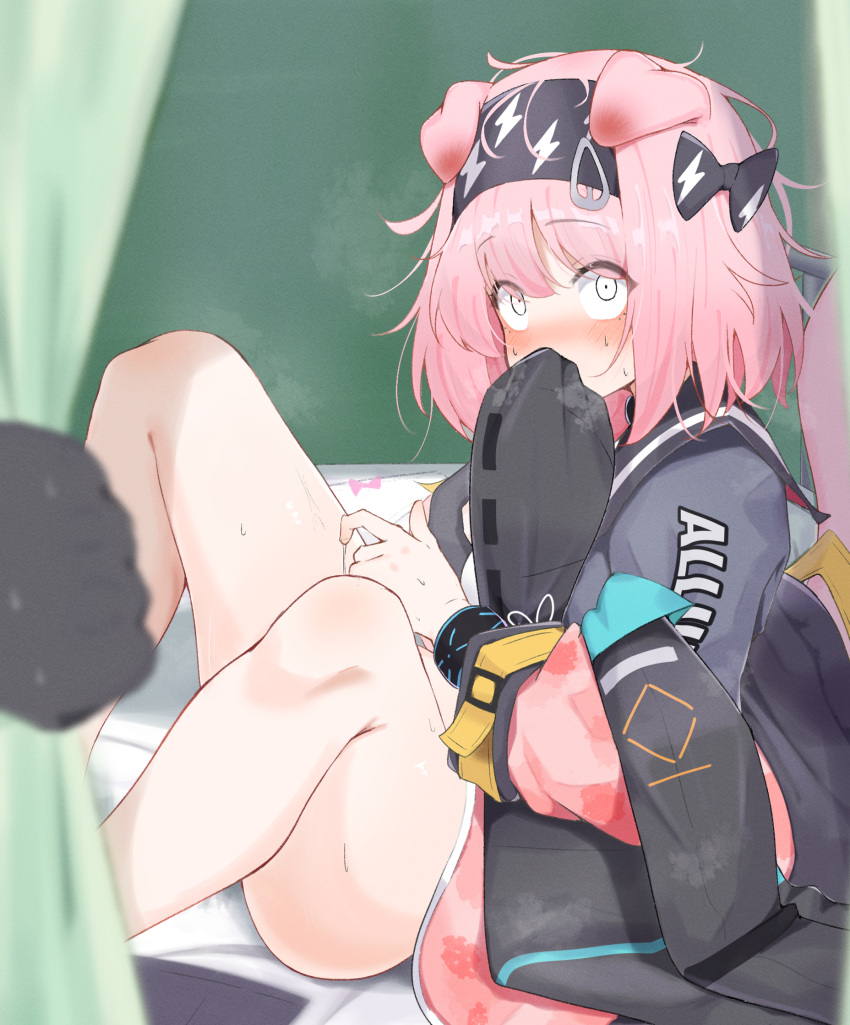 1girls 1other animal_ears arknights black_bracelet black_coat black_hairband blush bottomless bow cat_ears cat_girl caught caught_masturbating coat constricted_pupils embarrassed female female_focus female_masturbation floppy_ears goldenglow_(arknights) hairband hairbow highres hood hooded_coat infection_monitor_(arknights) jacket lightning_bolt_print looking_at_another masturbation multicolored_clothes multicolored_jacket panties pcaccount13 pink_coat pink_hair pink_jacket pov print_hairband pussy_juice pussy_juice_string sitting smelling smelling_clothes solo_focus surprised sweat two-tone_jacket underwear unworn_panties wide-eyed