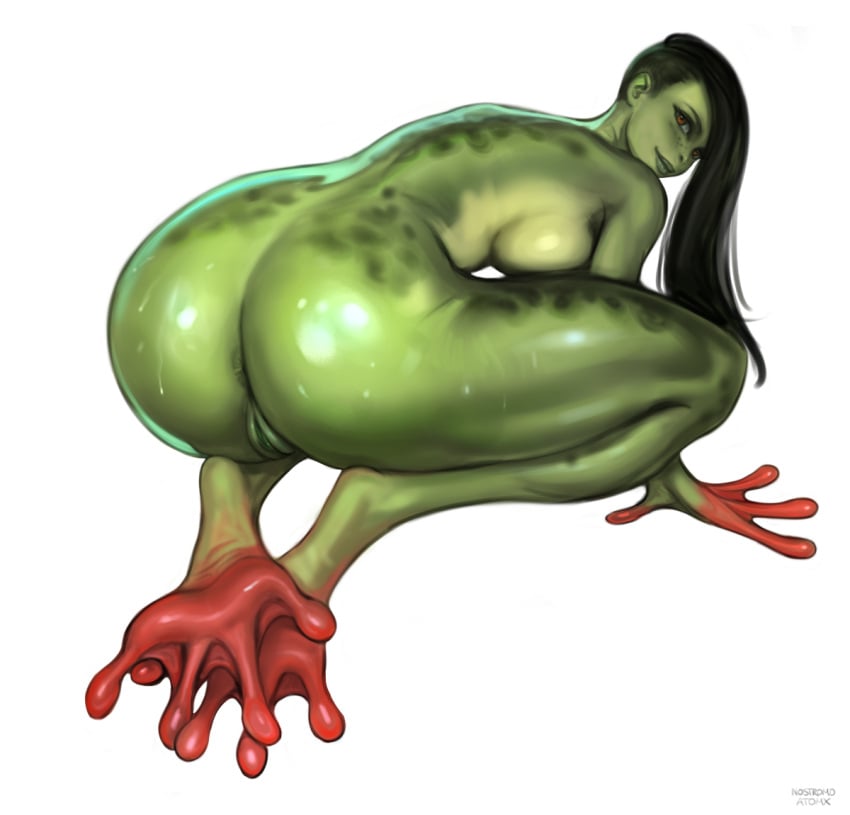 amphibian amphibian_humanoid animal_humanoid anus ass atomx black_hair breasts feet female frog_humanoid genitals green_body green_lips green_skin hair humanoid lips looking_at_viewer looking_back looking_back_at_viewer membrane_(anatomy) nude pussy sidecut simple_background solo toes webbed_feet wet white_background