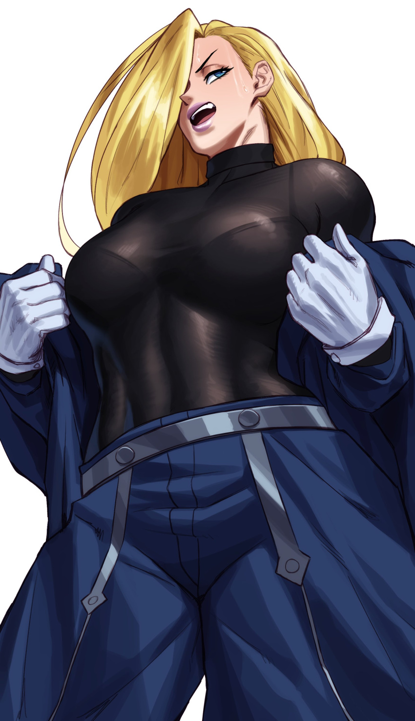 1girls blonde_hair blue_eyes female female_only fullmetal_alchemist gloves hair_over_one_eye jacket_off_shoulders long_hair looking_away narrowed_eyes olivier_mira_armstrong solo sotcho very_high_resolution viewed_from_below white_background