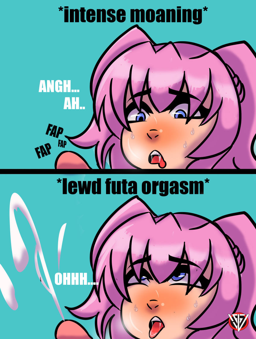 ahe_gao ahegao anzu_kuniyoshi blue_eyes blush chibi commission drooling futa_only futanari hiromin masturbation meme moaning orgasm orgasm_face pink_hair sweat sweatdrop xxfujiwaraxx