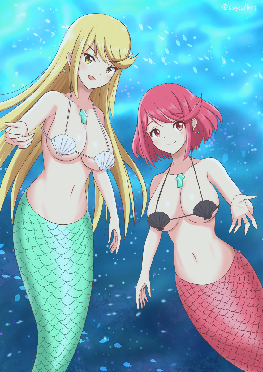 2girls 6oryo_illust absurd_res alluring alternate_costume big_breasts blonde_hair breasts chest_jewel cleavage core_crystal dual_persona earrings female female_focus female_only high_res huge_breasts jewelry looking_at_viewer matching_hair/eyes mermaid midriff multiple_girls mythra navel nintendo ocean pyra red_eyes red_hair sea shell shell_bikini under_boob underwater water xenoblade_(series) xenoblade_chronicles_(series) yellow_eyes