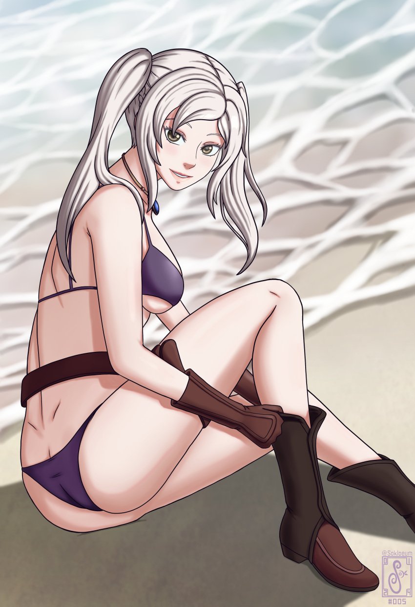 1girls alternate_costume ass beach big_ass bikini boots brown_boots brown_eyes brown_gloves butt_crack fire_emblem fire_emblem_awakening fire_emblem_heroes gloves large_breasts long_hair nintendo ocean official_alternate_costume purple_bikini purple_swimsuit robin_(female)_(summer)_(fire_emblem) robin_(fire_emblem) robin_(fire_emblem)_(female) sokloeum swimsuit twintails underboob wet white_hair