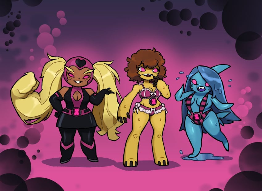 3girls alien atrocian ben_10 ben_10_omniverse blonde_hair blue_skin brown_hair chaquetrix cleavage dress eltefo23 eyelashes furry ickthyperambuloid long_hair mole-stache pink_bikini pink_eyes shortstack sling_bikini small_breasts the_worst_(ben_10) thick_thighs twintails walkatrout wide_hips yellow_skin