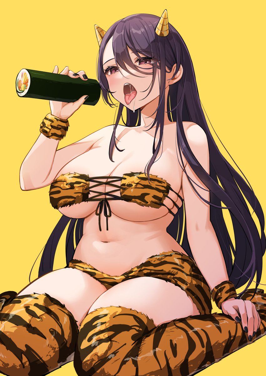 black_nails chubby_belly eating huge_breasts mask_bikini oni_girl original original_character painted_nails purple_hair saliva setsubun sitting sushi thick_thighs tiger_print very_long_hair wariza wide_hips