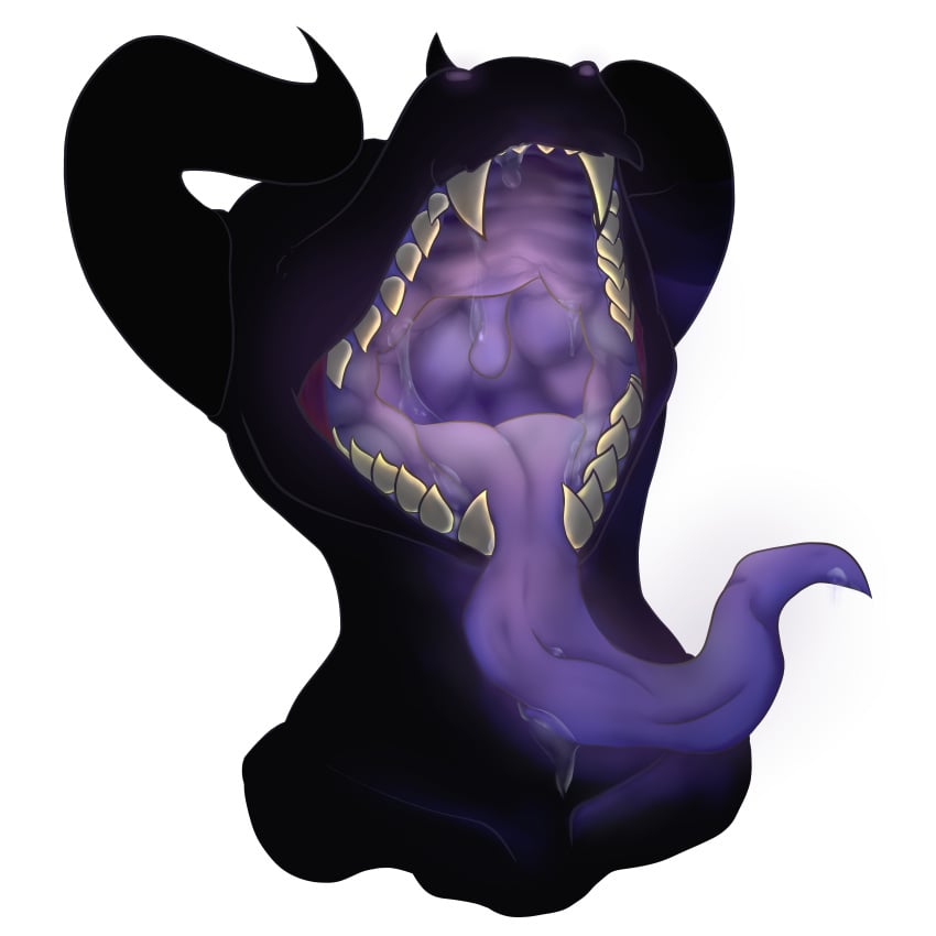 1boy 1male anthro black_body black_horns demon eyeless eyeless_male furry glowing_internals headshot_portrait imp male mawshot mouth_shot open_mouth preril_(assbeaterr34) purple_tongue scalie sharp_teeth solo solo_male tualatin_(artist) vore