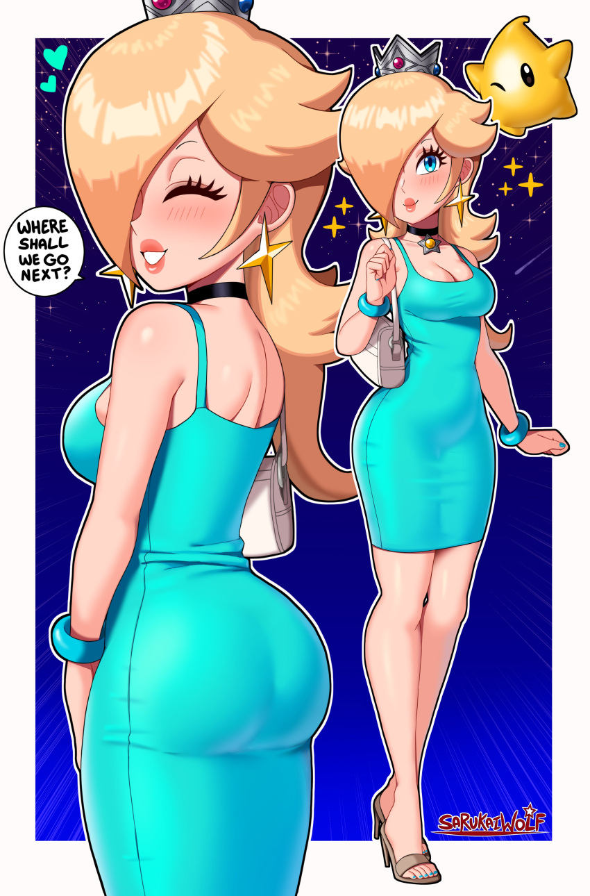 1girl 1girls 2024 2d 2d_(artwork) ass big_ass big_breasts big_butt big_thighs blonde_hair blue_dress blue_eyes blue_nail_polish blue_nails blue_toenail_polish blue_toenails bracelet breasts butt choker crown dat_ass dress ear_piercing earrings heels huge_thighs lips lipstick long_hair looking_at_viewer looking_pleasured luma make_up makeup mario_(series) necklace nintendo one_eye_covered one_eye_obstructed pink_lips pink_lipstick pov princess_rosalina purse sarukaiwolf shiny_ass shiny_breasts shiny_butt shiny_hair shiny_skin solo solo_female super_mario_galaxy text text_bubble thick_thighs thighs tight_clothes tight_clothing tight_dress white_skin wink winking_at_viewer yellow_hair