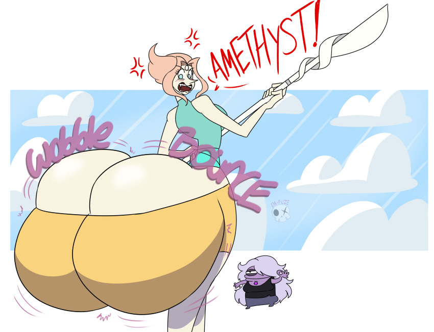 2girls amethyst_(steven_universe) ass ass_bigger_than_head ass_built_separately ass_cleavage ass_expansion ass_focus backboob breasts butt_crack butt_expansion cartoon_network clothed clouds da-fuze female female_focus female_only gem_(species) hyper hyper_ass large_ass looking_at_ass looking_back multiple_girls no_underwear ok_sign pearl_(steven_universe) pink_hair purple_hair purple_skin shortstack spear steven_universe white_skin yelling yellow_shorts