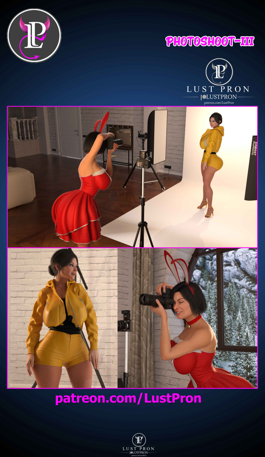 2girls 3d breasts camera clothed clothing dress female female_only fully_clothed high_heels jacket light-skinned_female light_skin lustpron photoshoot solo_focus standing