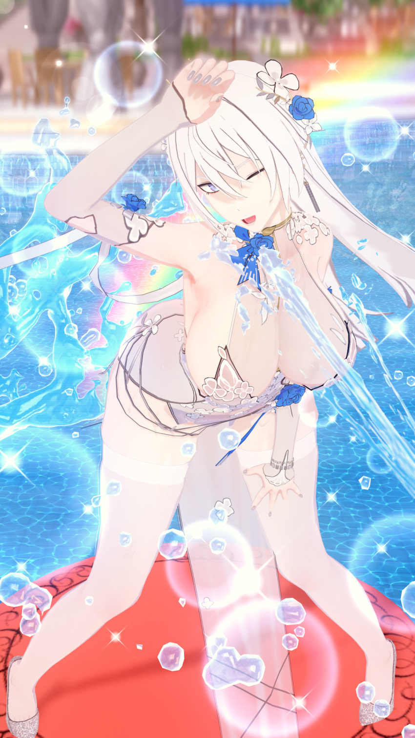 1girls a1stroemeria aether_gazer blur_eyes chinese_clothes chinese_clothing chinese_dress female female_focus female_only gengchen_(aether_gazer) huge_breasts laugh light-skinned_female light_skin long_hair looking_at_viewer pool tagme thick_ass thick_thighs v_sign water white_hair wide_hips