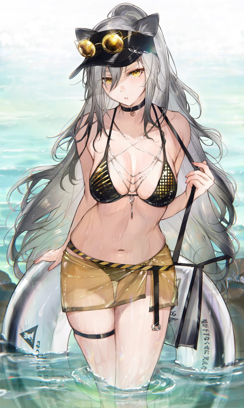 1girls arknights beach belly bikini bra cat_ears cat_tail catgirl choker female grey_hair hi_res light-skinned_female light_skin long_hair looking_at_viewer midriff navel qiandaiyiyu schwarz_(arknights) solo solo_focus standing swimsuit swimwear tail thigh_strap very_long_hair water yellow_eyes