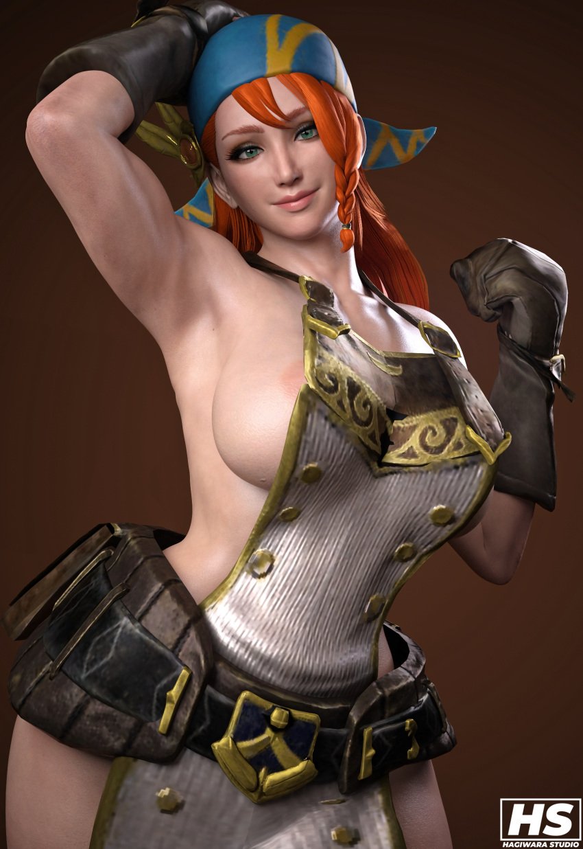 1girls 3d bandana breasts capcom female female_only ginger_hair green_eyes hagiwara_studio high_resolution highres minayle monster_hunter monster_hunter_rise orange_hair solo