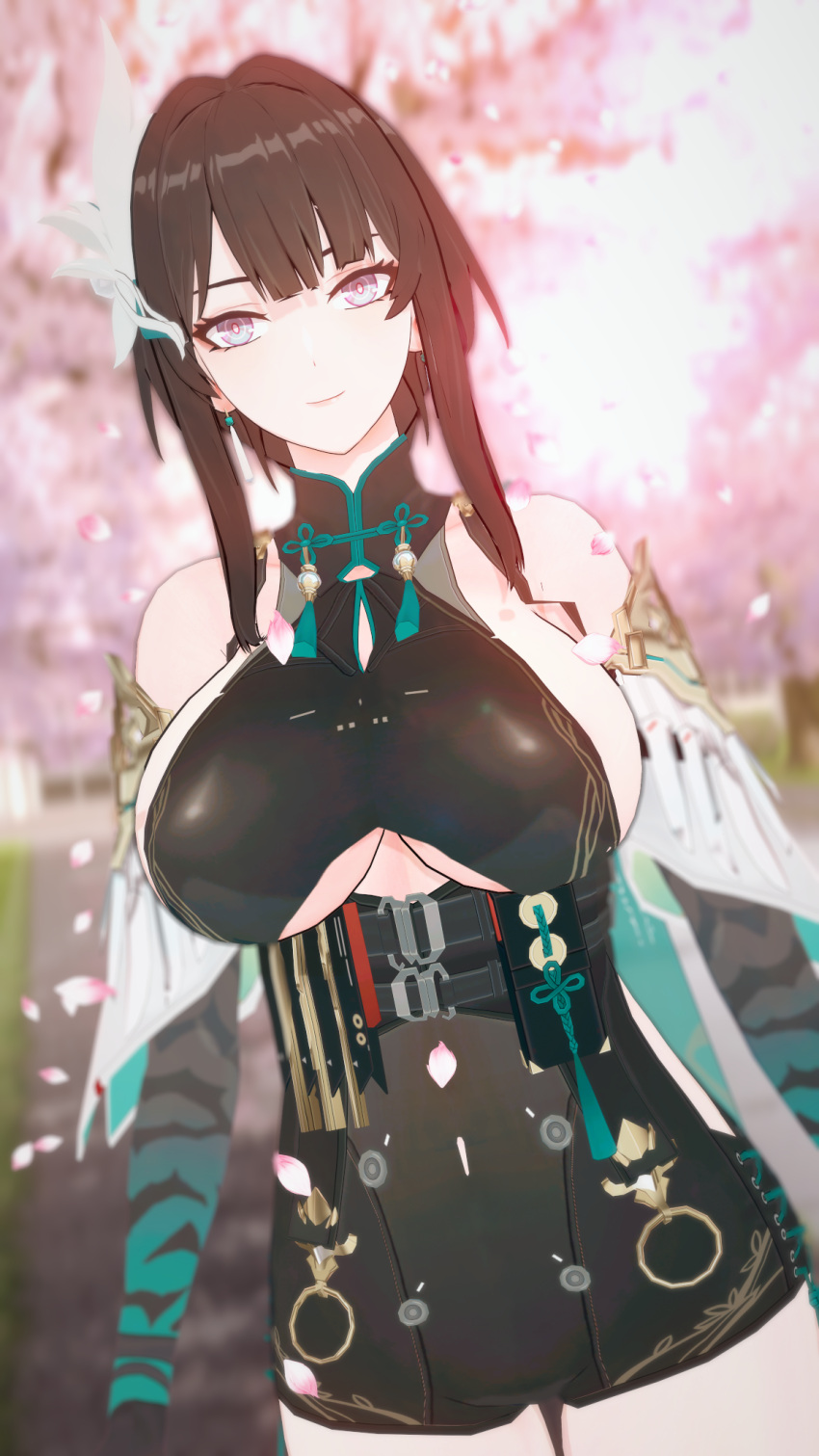 1girls a1stroemeria aether_gazer black_hair boob_window chinese_clothes chinese_clothing chinese_dress female female_focus female_only huge_breasts light-skinned_female light_skin long_hair looking_at_viewer silver_eyes smile smiling smiling_at_viewer tagme underboob ying_zhao_(aether_gazer)