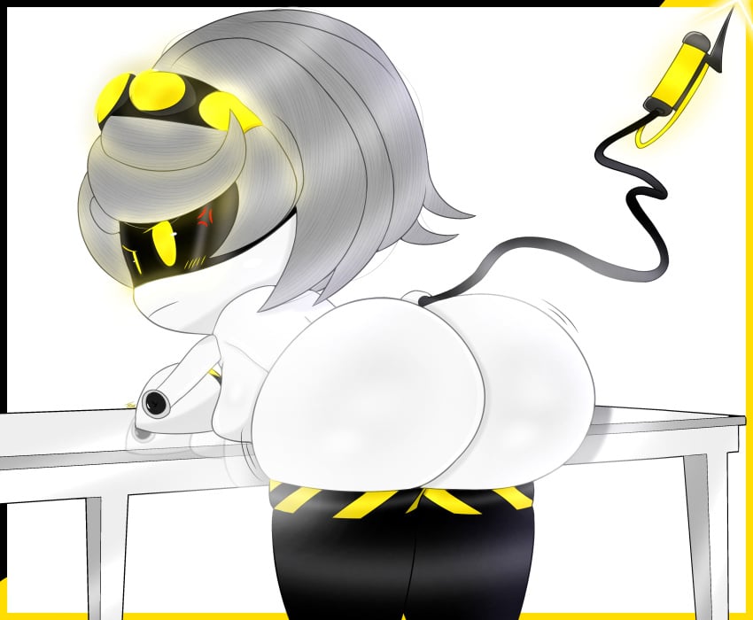 4k annoyed annoyed_expression ass ass_focus bending_forward bending_over bending_over_desk big_ass big_butt blush breasts desk female_only grey_hair hi_res highres jiggle jiggling_ass leggings looking_back murder_drones robot robot_girl robot_humanoid short_hair table tail thigh_highs v_(murder_drones)