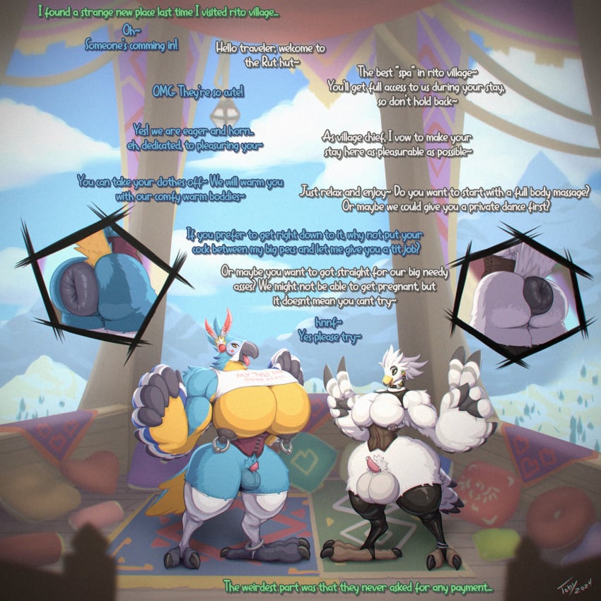 1:1 anthro anus areola ass avian ball_size_difference balls beak big_anus big_balls big_pecs biped breath_of_the_wild claws duo english_text erection genitals hi_res huge_anus huge_balls huge_pecs kass_(tloz) male male_only muscular muscular_anthro muscular_male nintendo nipple_piercing nipple_ring nipples open_mouth open_smile pecs penis penis_size_difference piercing puffy_anus ring_piercing rito small_penis smile teba_(tloz) text the_legend_of_zelda thick_thighs toby_art tongue tongue_out wall_of_text