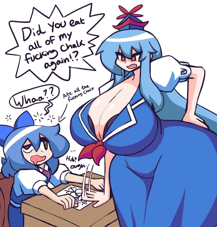 2girls angry blue_dress blue_hair blue_ribbon breasts chair cirno cleavage confused curvy desk dress eating_chalk english_text female_focus funny gensin gigantic_breasts hair_ribbon hat heterochromia highres kamishirasawa_keine keine_kamishirasawa leaning_forward long_hair mature_female meme milf mind_break multiple_girls older_female older_woman_and_teenage_girl paper ribbon short_hair sitting skirt standing thick_thighs thighs touhou white_background wide_hips