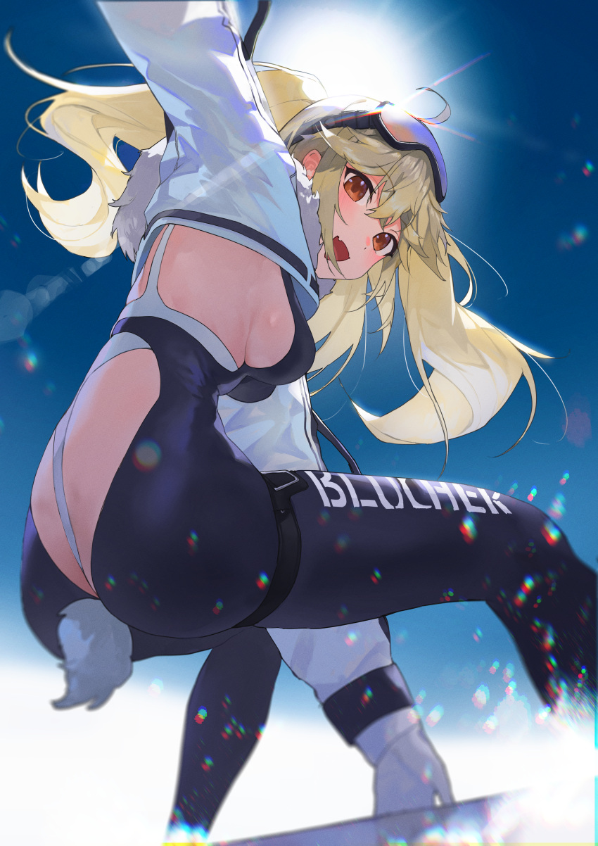 1girls ass ass_cutout azur_lane big_ass blücher_(azur_lane) blonde_hair blush bodysuit bodysuit_under_clothes brown_eyes bunny_tail fake_tail female female_only gloves goggles goggles_on_head jacket legs long_hair looking_at_viewer medium_breasts nice_ass no_bra official_alternate_costume open_mouth shiny_hair shiny_skin sideboob skimpy skimpy_clothes skin_tight snow snowboard solo thighs tight_clothing tight_fit twintails